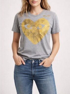 Comme des Garçons PLAY Gray Tee with Gold Heart Logo